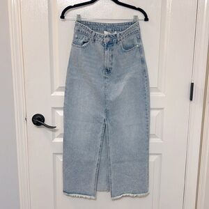 NWT Mustard Seed Denim Midi Skirt with Front Slit and Frayed Hem - Size Small